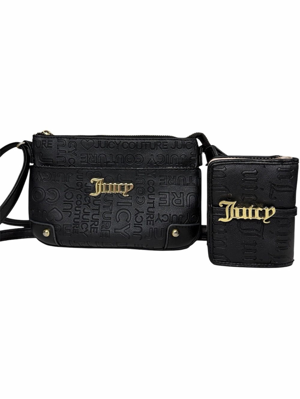 Juicy Couture Black Debossed Crossbody Bag & Wallet Black & Gold 2 Piece Bundle
